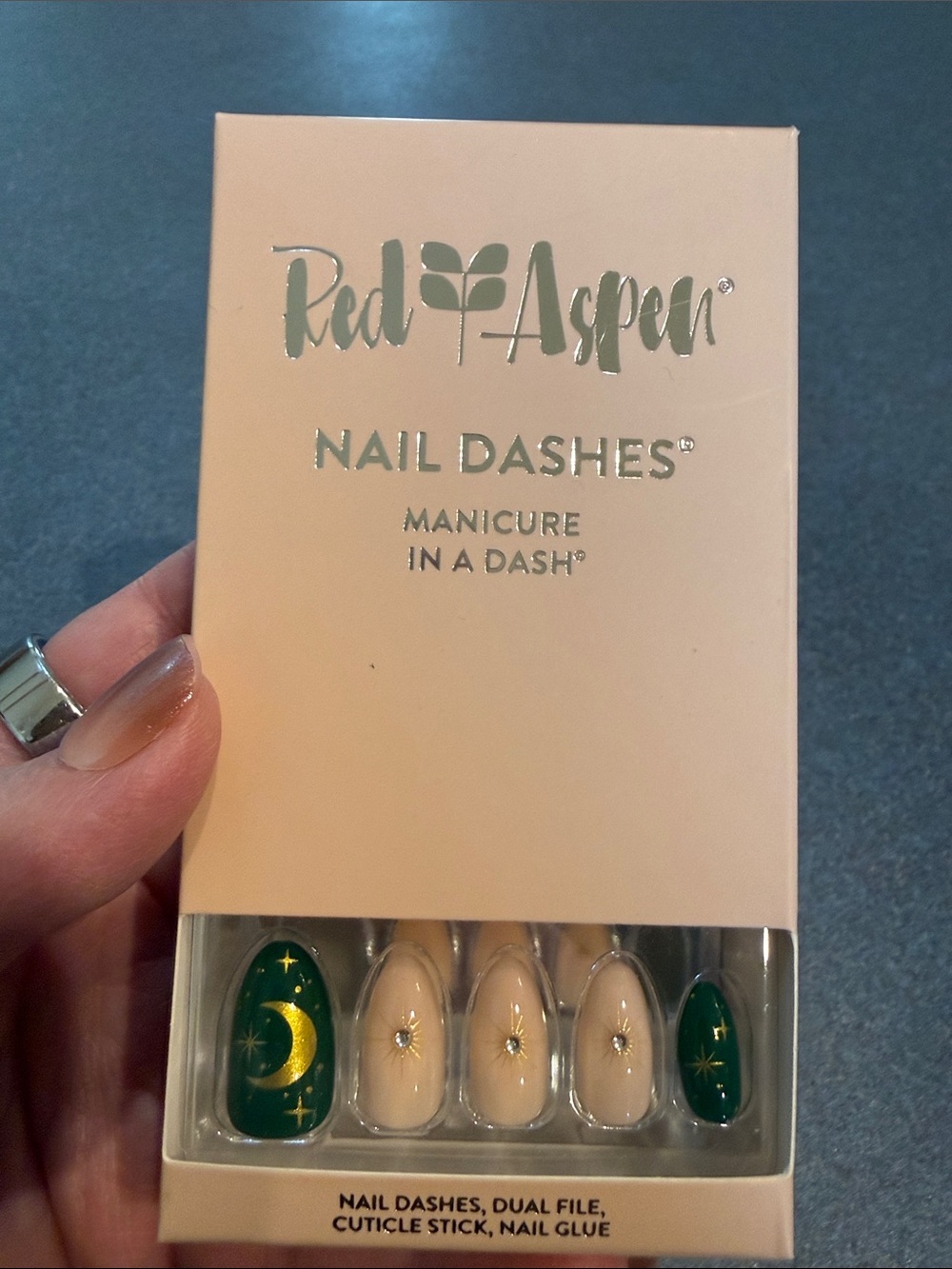Red Aspen Nail Dashes Press-On Set - Green & Nude Star Moon Accents